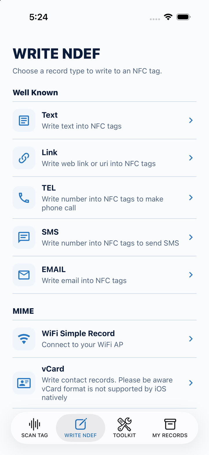 iOS NDEF writer with text, link, phone, SMS, email, Wi-Fi and vCard choices